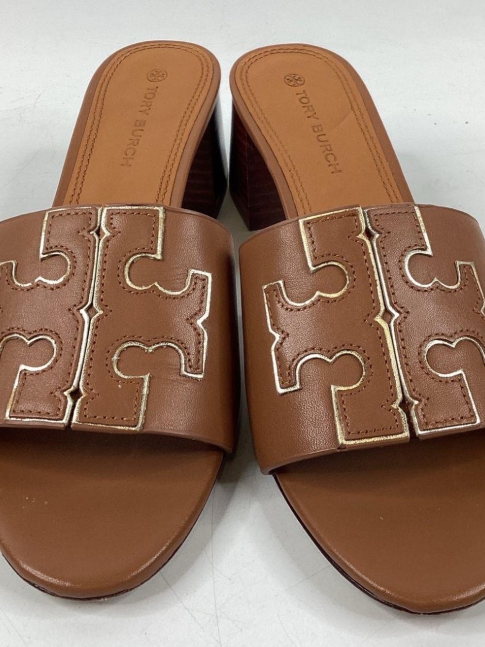 Tory Burch Tan Leather Logo Slide Mules